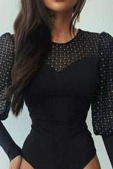 Mesh stitching round neck long-sleeved bodysuits